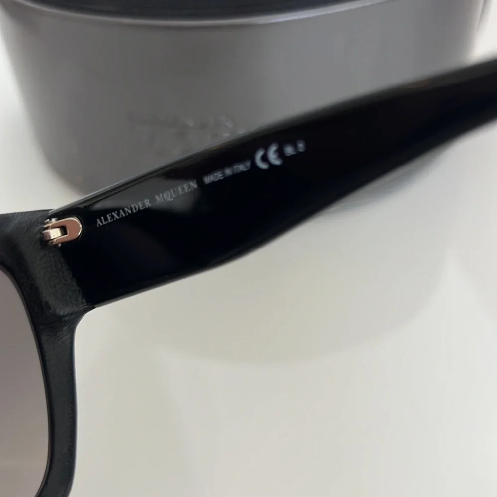 Alexander McQueen Black Leather Wayfarer Sunglasses Grey Lens w/ Case